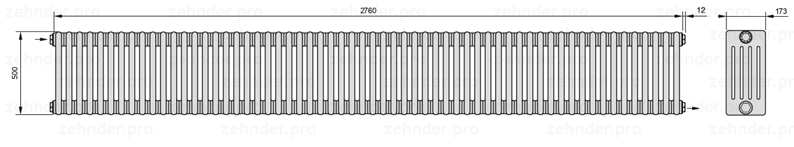 Схема (чертеж) Радиатор Zehnder Charleston 5050/60 №1670 Белый глянцевый RAL 9016
